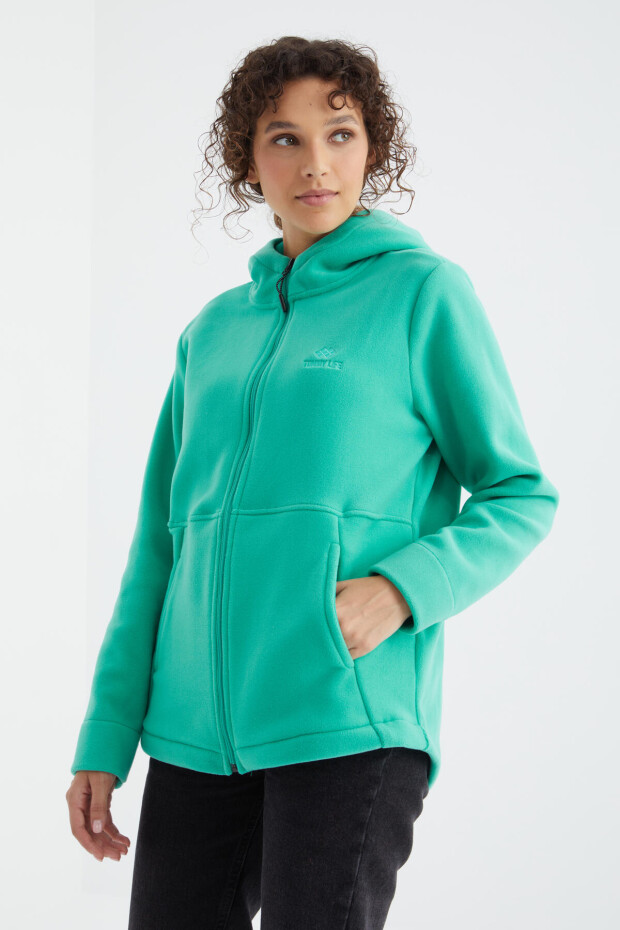 Deniz Yeşili Kapüşonlu Fermuarlı Rahat Form Kadın Polar Sweatshirt - 97233 - 1
