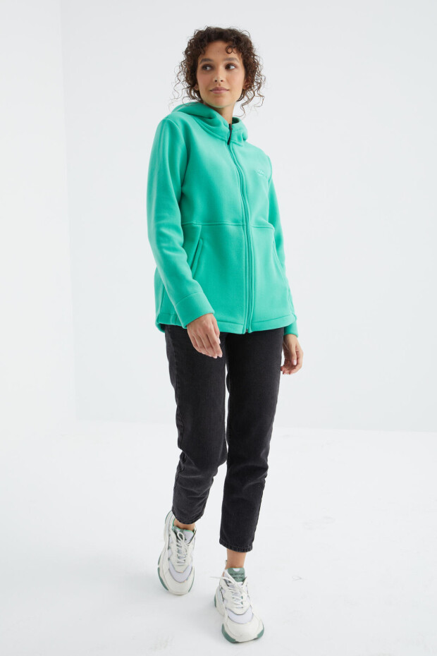 Deniz Yeşili Kapüşonlu Fermuarlı Rahat Form Kadın Polar Sweatshirt - 97233 - 2