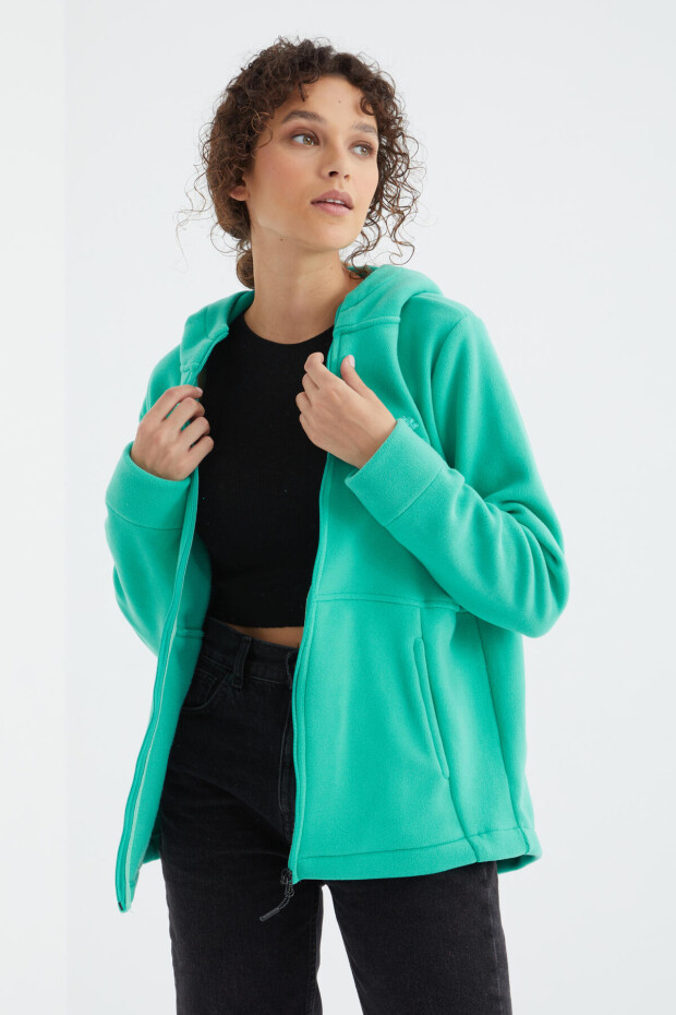 Deniz Yeşili Kapüşonlu Fermuarlı Rahat Form Kadın Polar Sweatshirt - 97233 - 3