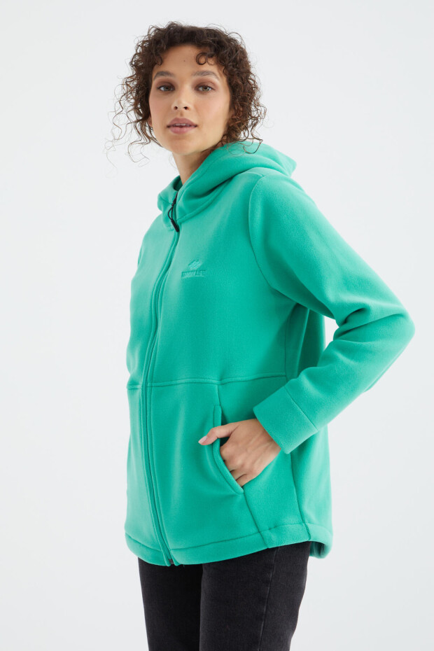 Deniz Yeşili Kapüşonlu Fermuarlı Rahat Form Kadın Polar Sweatshirt - 97233 - 5