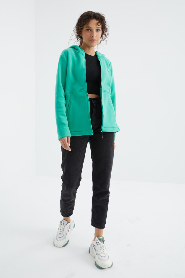 Deniz Yeşili Kapüşonlu Fermuarlı Rahat Form Kadın Polar Sweatshirt - 97233 - 6