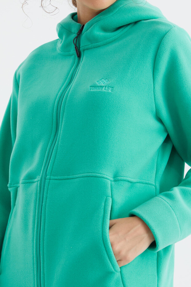 Deniz Yeşili Kapüşonlu Fermuarlı Rahat Form Kadın Polar Sweatshirt - 97233 - 7