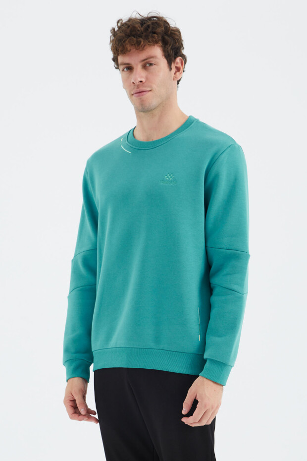 Deniz Yeşili O Yaka Kol Şerit Detaylı Basic Rahat Kalıp Erkek Sweatshirt - 88293