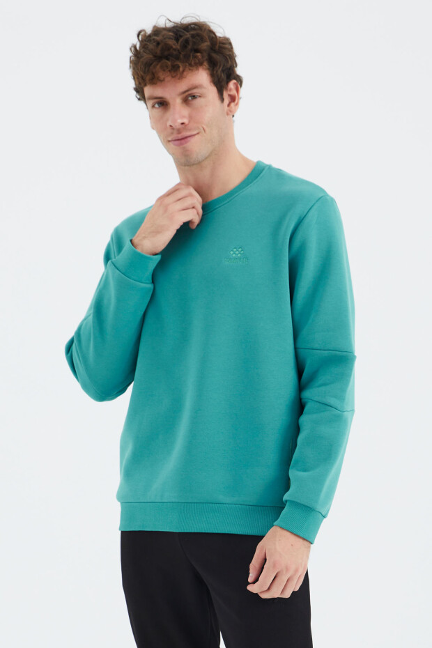 Deniz Yeşili O Yaka Kol Şerit Detaylı Basic Rahat Kalıp Erkek Sweatshirt - 88293