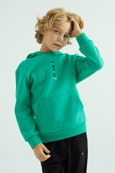 Deniz Yeşili Ön Ve Kapüşon Yazı Detaylı Standart Kalıp Erkek Çocuk Sweatshirt - 11037 