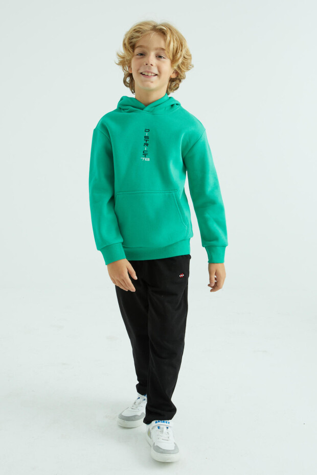 Deniz Yeşili Ön Ve Kapüşon Yazı Detaylı Standart Kalıp Erkek Çocuk Sweatshirt - 11037