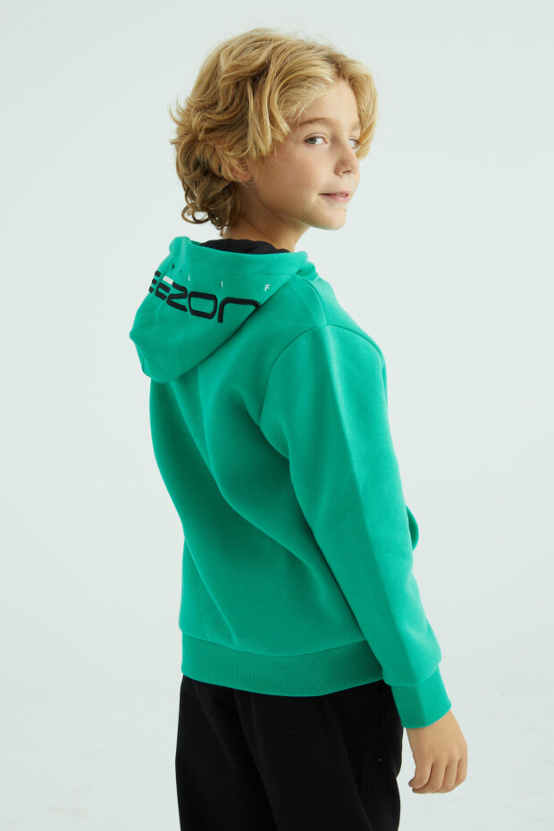 Deniz Yeşili Ön Ve Kapüşon Yazı Detaylı Standart Kalıp Erkek Çocuk Sweatshirt - 11037