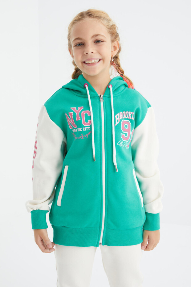 Deniz Yeşili Baskılı Fermuarlı Kapüşonlu Oversize Kız Çocuk Sweatshirt - 75094