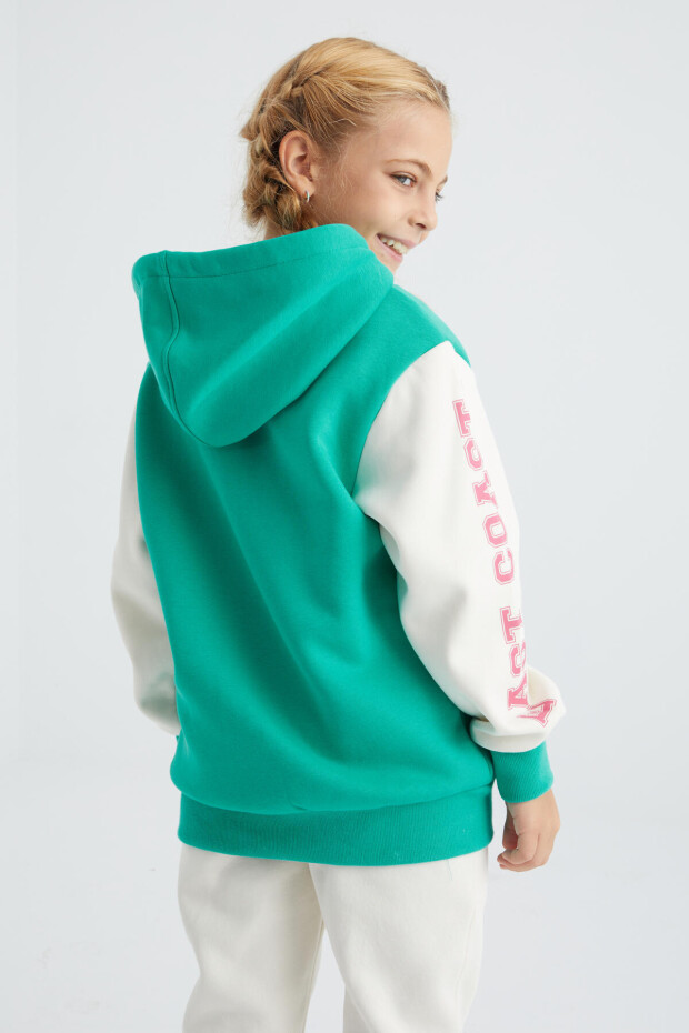 Deniz Yeşili Baskılı Fermuarlı Kapüşonlu Oversize Kız Çocuk Sweatshirt - 75094