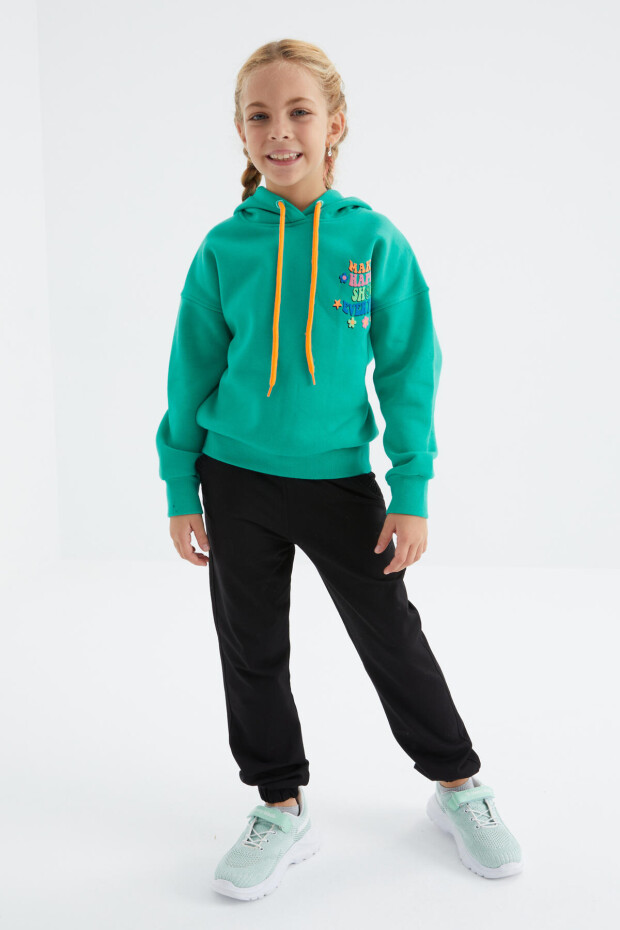Deniz Yeşili Ön Ve Sırt Yazı Baskılı Kapüşonlu Oversize Kız Çocuk Sweatshirt - 75092