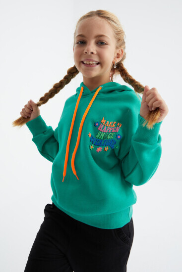 Deniz Yeşili Ön Ve Sırt Yazı Baskılı Kapüşonlu Oversize Kız Çocuk Sweatshirt - 75092