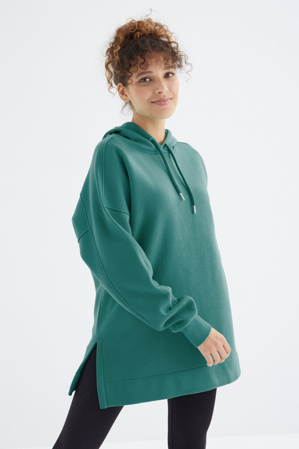 Deniz Yeşili Reglan Kol Basic Kapüşonlu Oversize Sweatshirt Tunik - 97242 - TOMMYLIFE