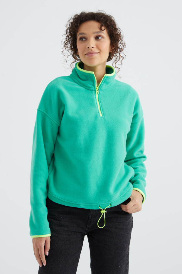 Deniz Yeşili Yarım Fermuar Etek Ucu Büzgülü Dik Yaka Oversize Kadın Polar Sweatshirt - 97234