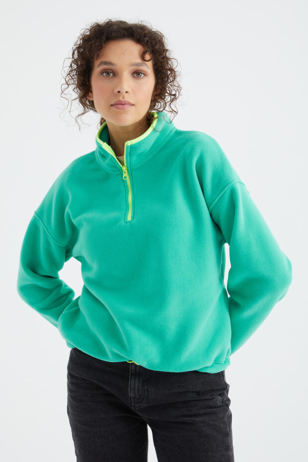 Deniz Yeşili Yarım Fermuar Etek Ucu Büzgülü Dik Yaka Oversize Kadın Polar Sweatshirt - 97234 - 3