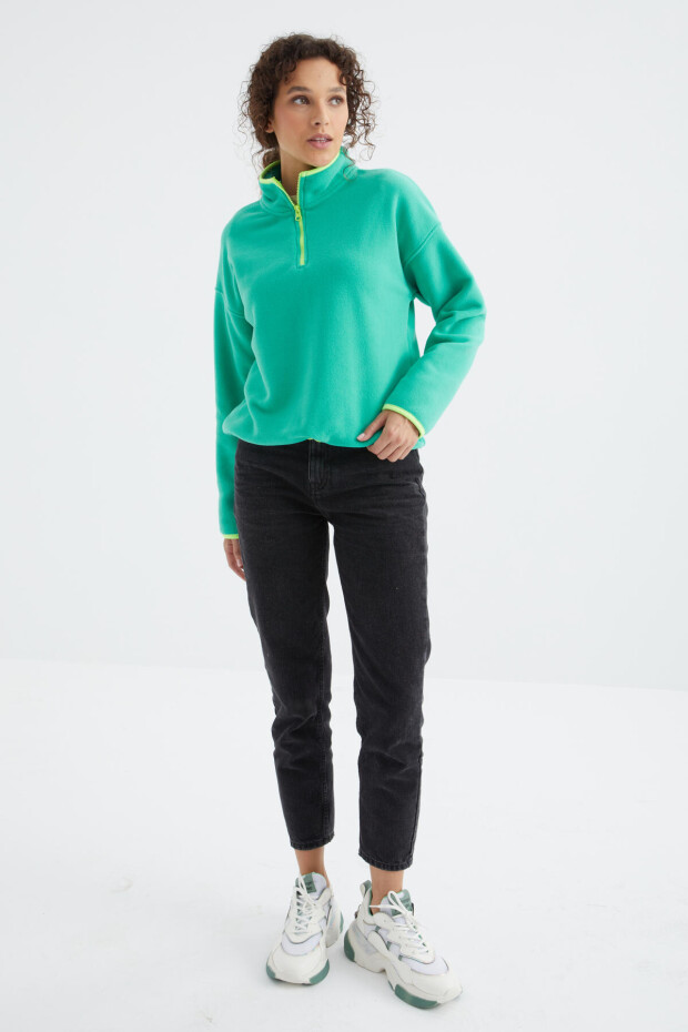 Deniz Yeşili Yarım Fermuar Etek Ucu Büzgülü Dik Yaka Oversize Kadın Polar Sweatshirt - 97234 - 4