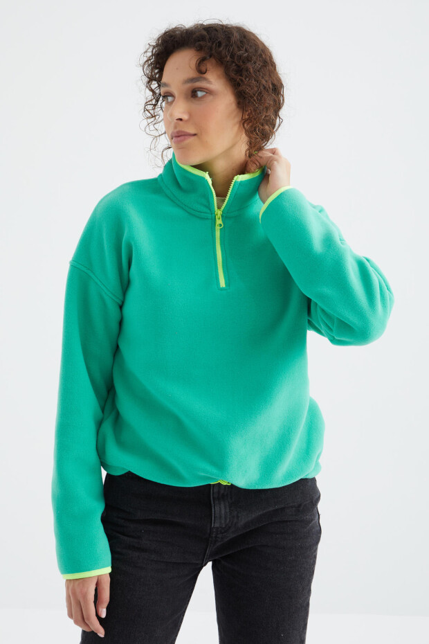 Deniz Yeşili Yarım Fermuar Etek Ucu Büzgülü Dik Yaka Oversize Kadın Polar Sweatshirt - 97234 - 5