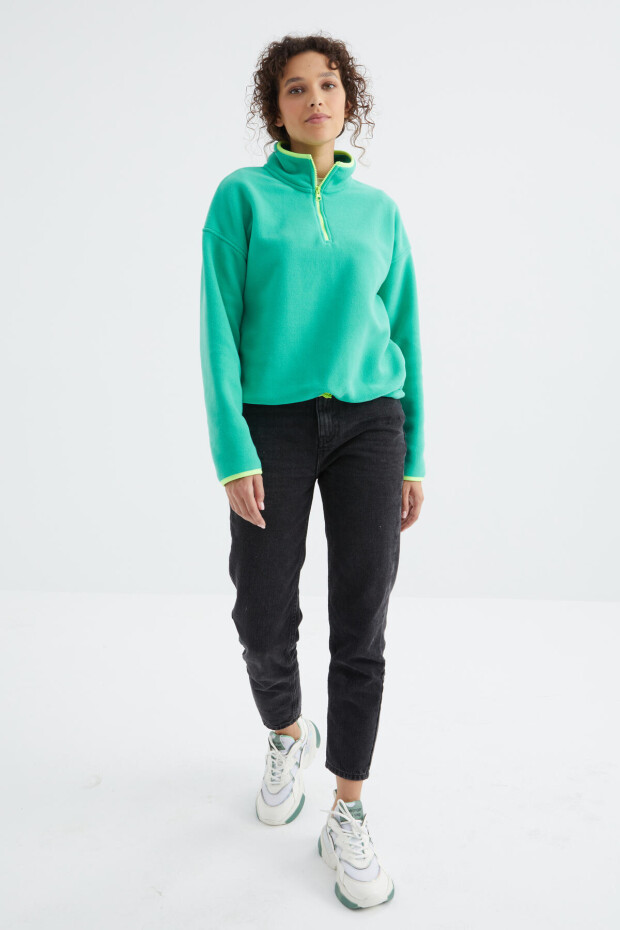 Deniz Yeşili Yarım Fermuar Etek Ucu Büzgülü Dik Yaka Oversize Kadın Polar Sweatshirt - 97234 - 6