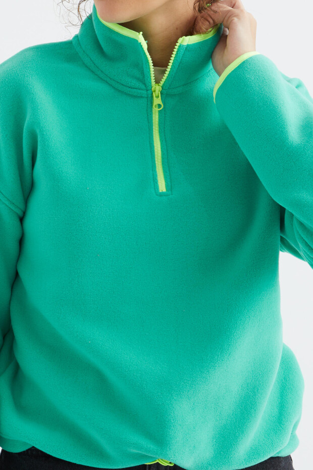 Deniz Yeşili Yarım Fermuar Etek Ucu Büzgülü Dik Yaka Oversize Kadın Polar Sweatshirt - 97234 - 7