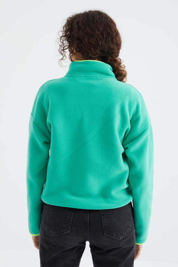 Deniz Yeşili Yarım Fermuar Etek Ucu Büzgülü Dik Yaka Oversize Kadın Polar Sweatshirt - 97234 - 8