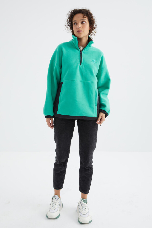 Deniz Yeşili Yarım Fermuar Etek Ucu Büzgülü Dik Yaka Oversize Kadın Polar Sweatshirt - 97236