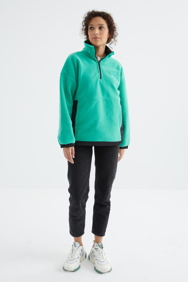 Deniz Yeşili Yarım Fermuar Etek Ucu Büzgülü Dik Yaka Oversize Kadın Polar Sweatshirt - 97236 - 3