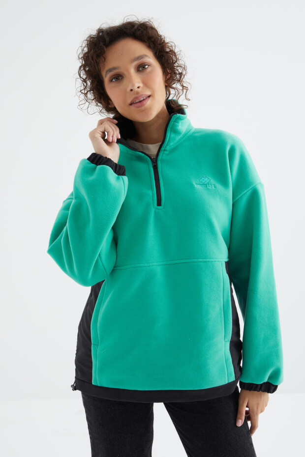 Deniz Yeşili Yarım Fermuar Etek Ucu Büzgülü Dik Yaka Oversize Kadın Polar Sweatshirt - 97236 - 4