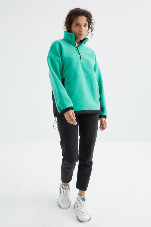 Deniz Yeşili Yarım Fermuar Etek Ucu Büzgülü Dik Yaka Oversize Kadın Polar Sweatshirt - 97236 - 5