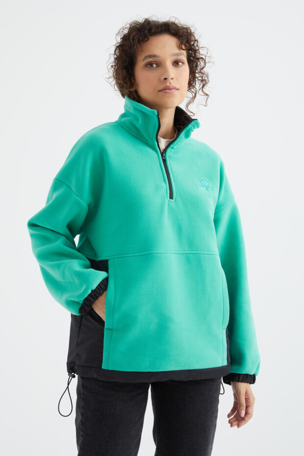 Deniz Yeşili Yarım Fermuar Etek Ucu Büzgülü Dik Yaka Oversize Kadın Polar Sweatshirt - 97236 - 6