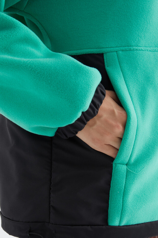 Deniz Yeşili Yarım Fermuar Etek Ucu Büzgülü Dik Yaka Oversize Kadın Polar Sweatshirt - 97236 - 8