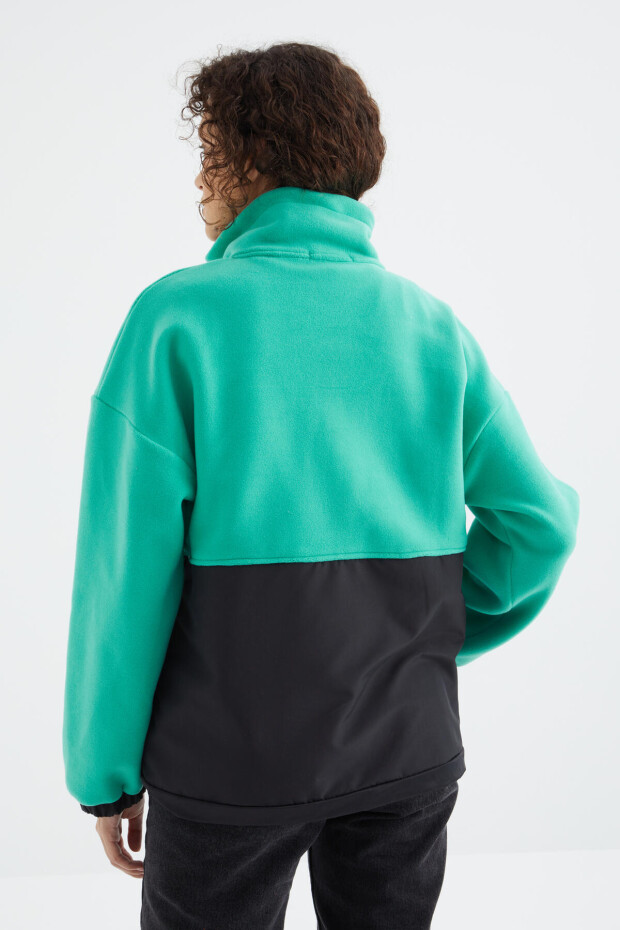 Deniz Yeşili Yarım Fermuar Etek Ucu Büzgülü Dik Yaka Oversize Kadın Polar Sweatshirt - 97236 - 9