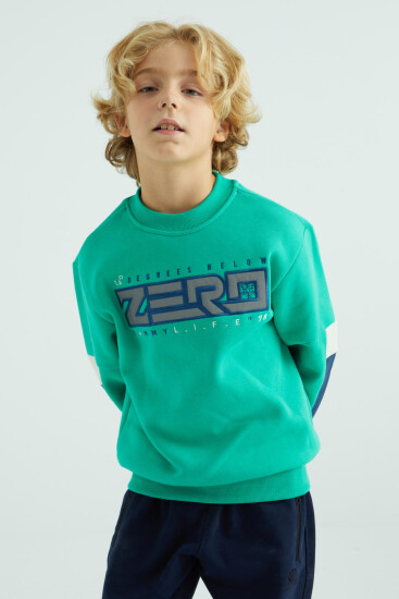 Deniz Yeşili Yazı Nakışlı Şerit Detaylı O Yaka Standart Kalıp Erkek Çocuk Sweatshirt - 10991 