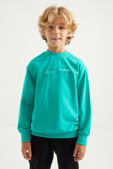 Deniz Yeşili Sırt Baskılı O Yaka Standart Kalıp Erkek Çocuk Sweatshirt - 11026 