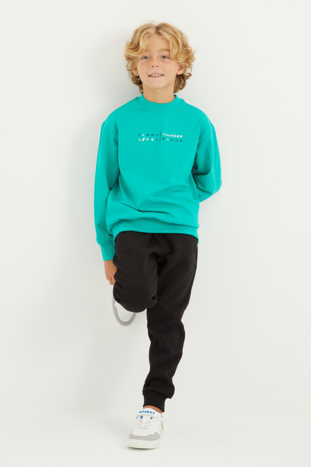 Deniz Yeşili Sırt Baskılı O Yaka Standart Kalıp Erkek Çocuk Sweatshirt - 11026