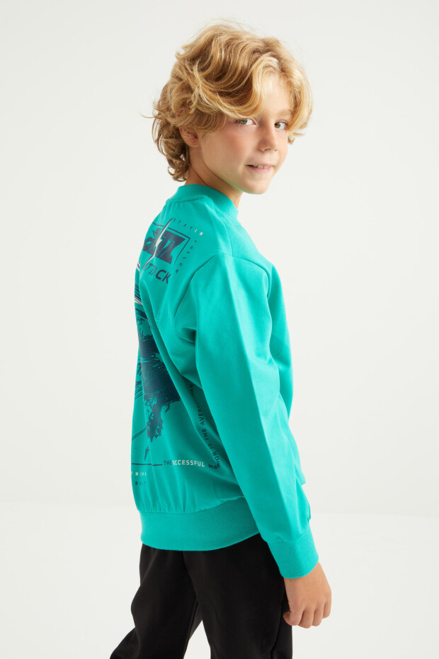 Deniz Yeşili Sırt Baskılı O Yaka Standart Kalıp Erkek Çocuk Sweatshirt - 11026