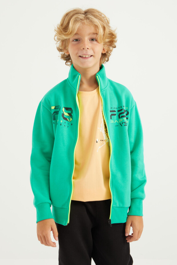 Deniz Yeşili Sırt Baskılı Fermuarlı Dik Yaka Standart Kalıp Erkek Çocuk Sweatshirt - 11021