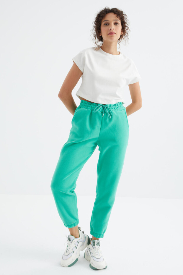 Deniz Yeşili Yüksek Bel Basic Bağcıklı Jogger Polar Kadın Eşofman Alt - 94622 - 3