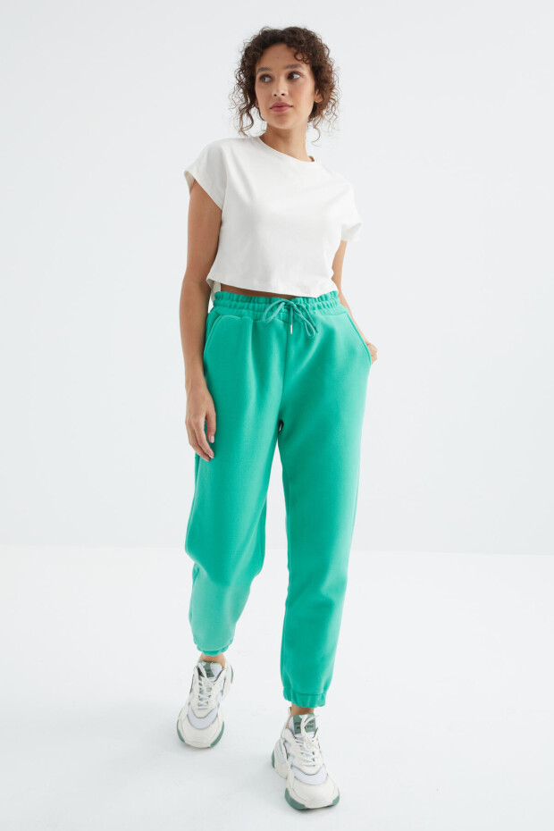 Deniz Yeşili Yüksek Bel Basic Bağcıklı Jogger Polar Kadın Eşofman Alt - 94622 - 5