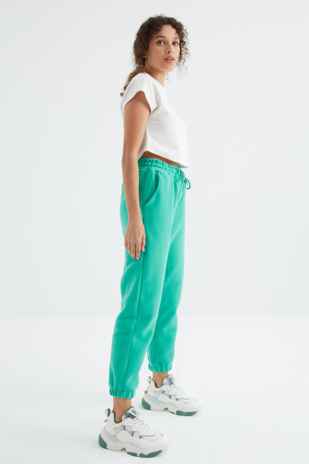 Deniz Yeşili Yüksek Bel Basic Bağcıklı Jogger Polar Kadın Eşofman Alt - 94622 - 6