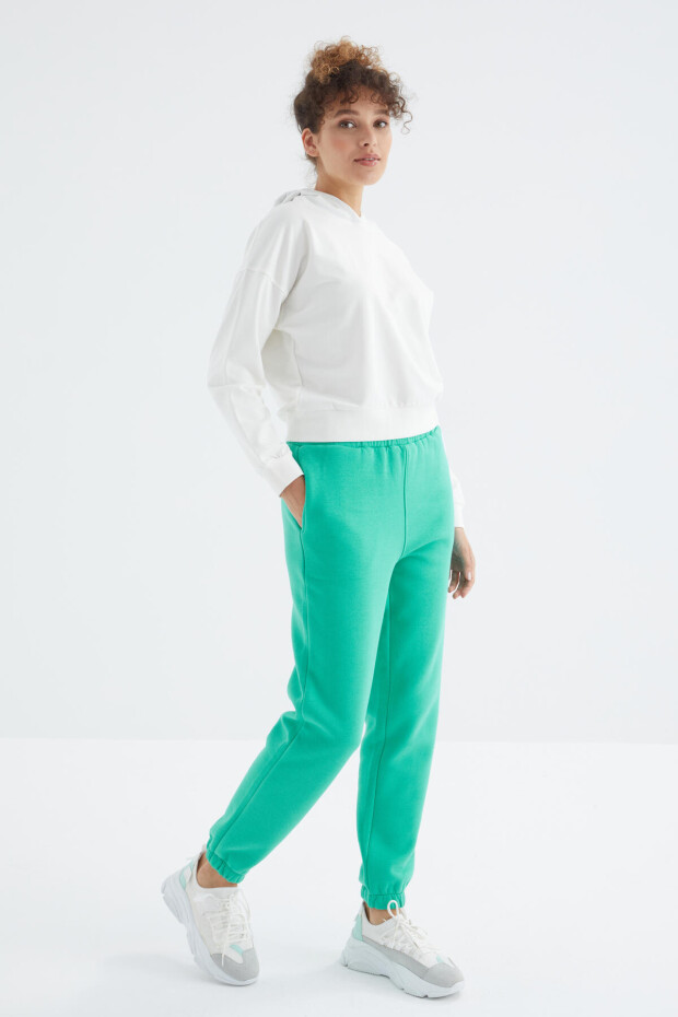 Deniz Yeşili Yüksek Bel Şardonlu 3 İplik Pamuklu Basic Kadın Eşofman Alt - 94624 - 3