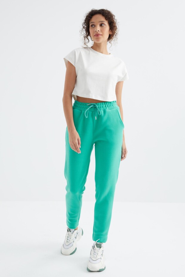 Deniz Yeşili Yüksek Bel Rahat Form Geniş Paça Cepli Kadın Polar Eşofman Alt - 94623 - 5