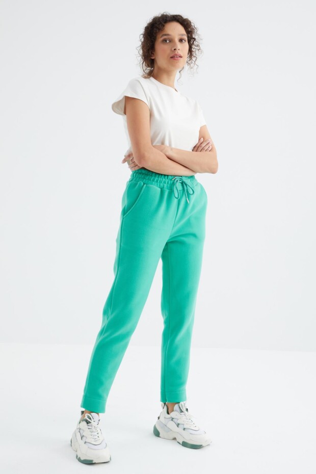 Deniz Yeşili Yüksek Bel Rahat Form Geniş Paça Cepli Kadın Polar Eşofman Alt - 94623 - 6