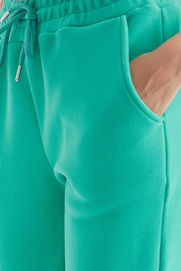 Deniz Yeşili Yüksek Bel Rahat Form Geniş Paça Cepli Kadın Polar Eşofman Alt - 94623 - 7