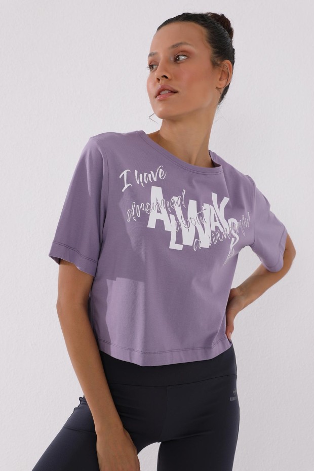 Eflatun Asimetrik Yazı Baskılı O Yaka Kadın Oversize T-Shirt - 97136