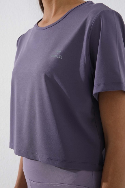 Eflatun Basic Kısa Kol Standart Kalıp O Yaka Kadın Crop Top T-Shirt - 97143 - Thumbnail