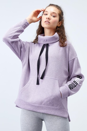 Eflatun Büzgülü Bağcıklı Yaka Nakışlı Selanik Triko Kadın Oversize Sweatshirt - 97197 