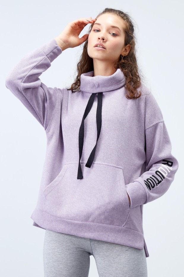 Eflatun Büzgülü Bağcıklı Yaka Nakışlı Selanik Triko Kadın Oversize Sweatshirt - 97197