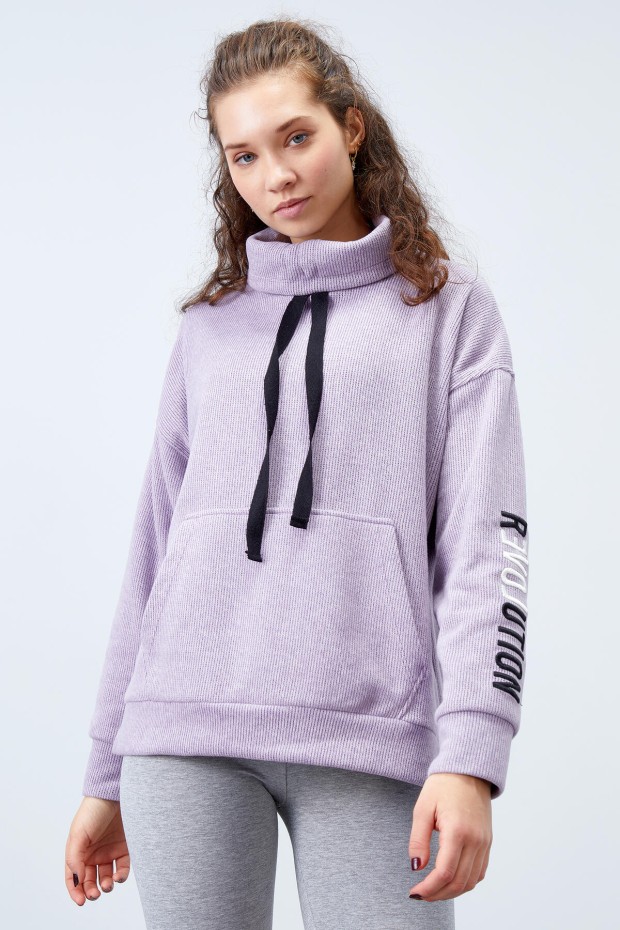 Eflatun Büzgülü Bağcıklı Yaka Nakışlı Selanik Triko Kadın Oversize Sweatshirt - 97197