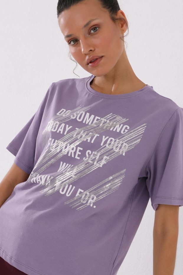 Eflatun Deforme Yazı Baskılı O Yaka Kadın Oversize T-Shirt - 97133