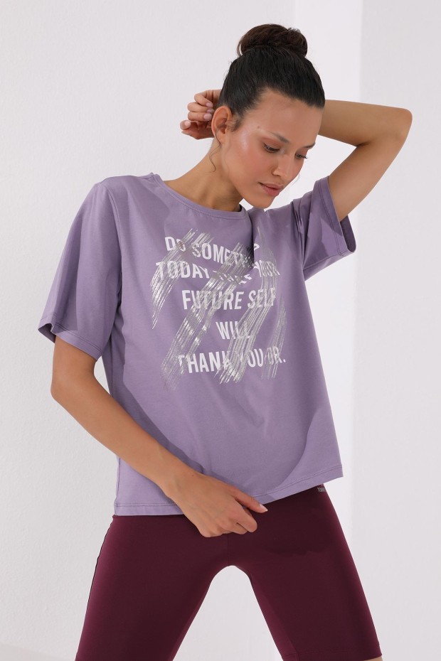 Eflatun Deforme Yazı Baskılı O Yaka Kadın Oversize T-Shirt - 97133
