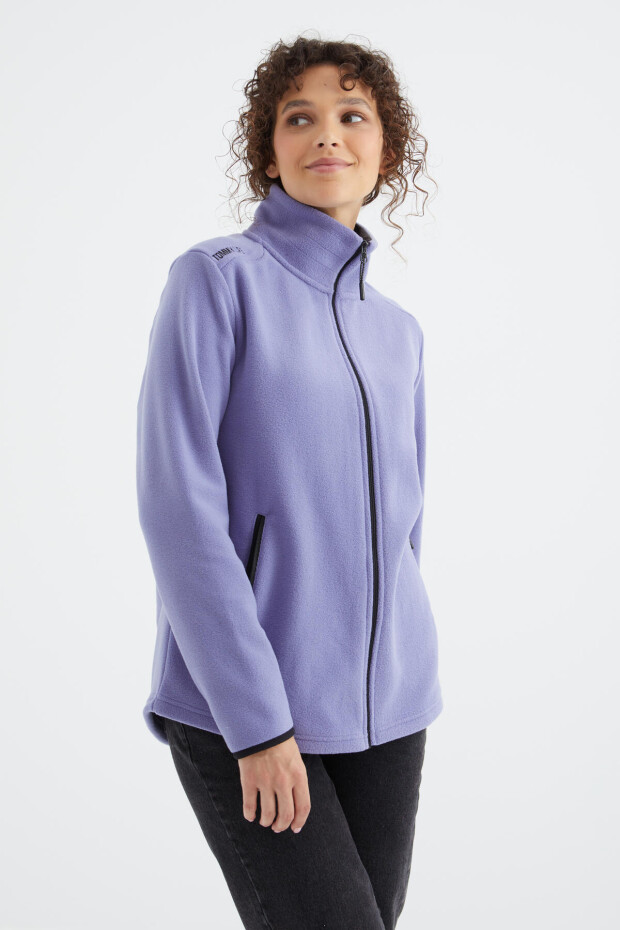Eflatun Dik Yaka Fermuarlı Rahat Form Kadın Polar Sweatshirt - 97173